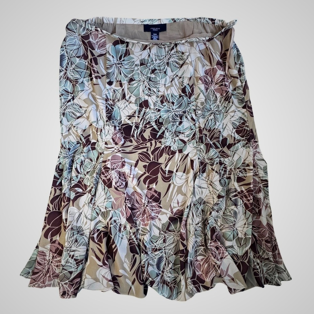 Jones Wear Woman Floral Midi Skirt Tan Green Burgundy A-Line Size 20W Plus Size